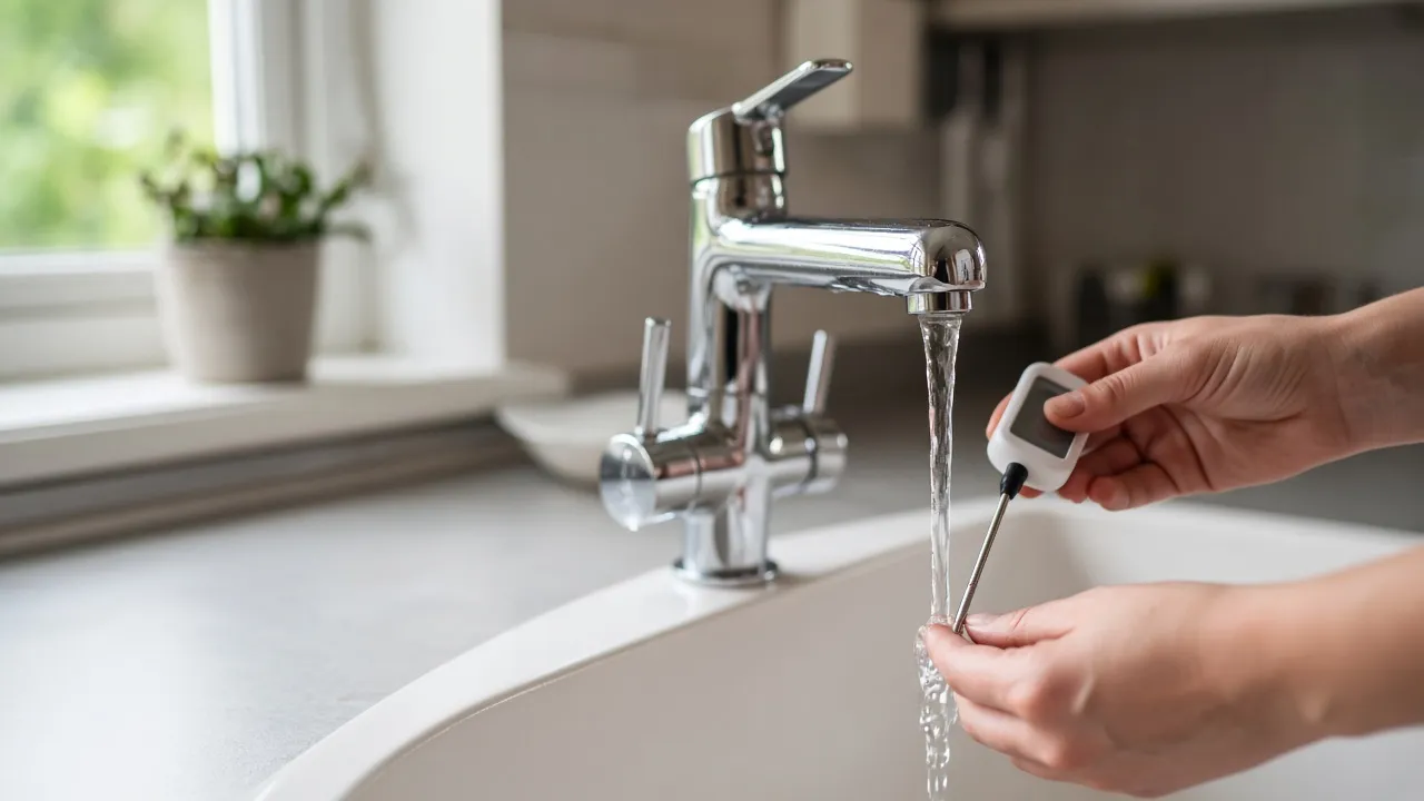 Water temperature being checked at a kitchen tap